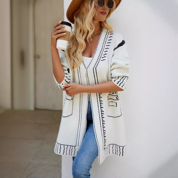 Damer Långärmad Cardigan med grafisk design och praktiska fickor Eva Jonsson-Eva Jonsson
