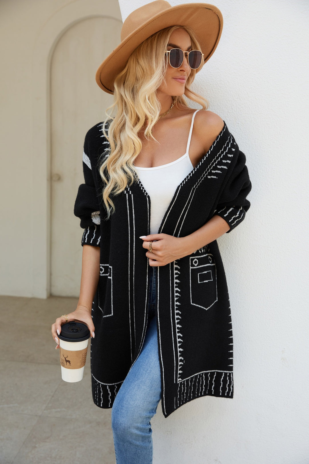 Damer Långärmad Cardigan med grafisk design och praktiska fickor Eva Jonsson-Eva Jonsson