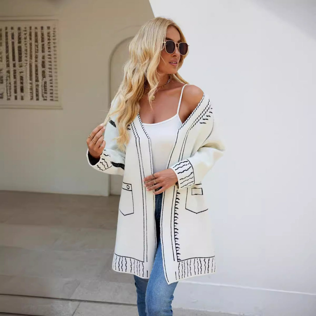 Damer Långärmad Cardigan med grafisk design och praktiska fickor Eva Jonsson-Eva Jonsson