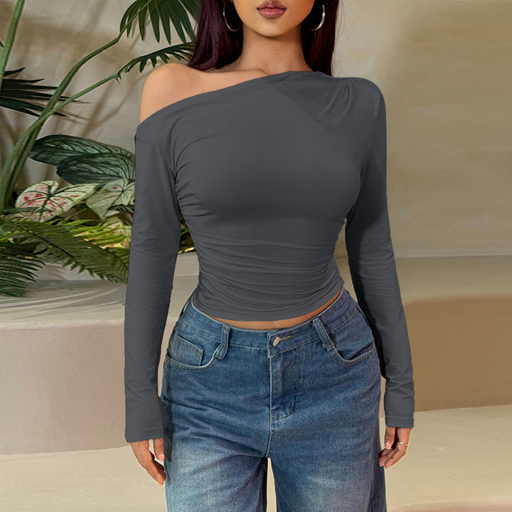 Damer Långärmad Crop-Top med asymmetrisk U-ringning och rynkning Mirla-Eva Jonsson