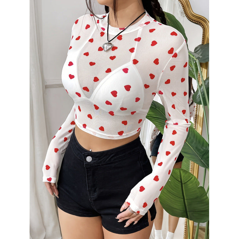 Damer Långärmad Crop-Top med hjärt mönster och transparent känsla Mirla-Eva Jonsson