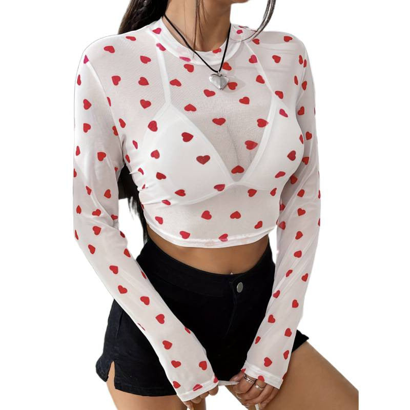 Damer Långärmad Crop-Top med hjärt mönster och transparent känsla Mirla-Eva Jonsson