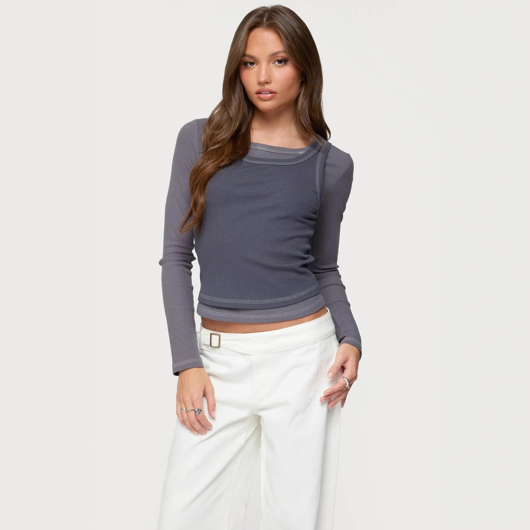 Damer Långärmad Crop Top med moderiktig färgkontrast och sömlös bearbetning Mirla-Eva Jonsson