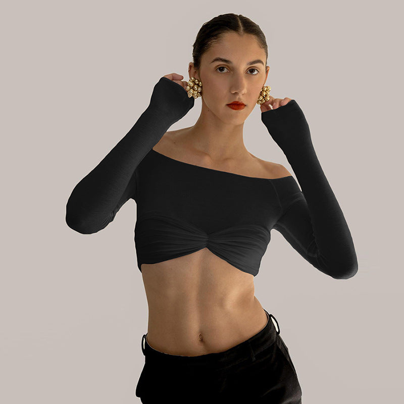 Damer Långärmad Croppad Topp med rynkat mönster och off shoulderlook Mirla-Eva Jonsson