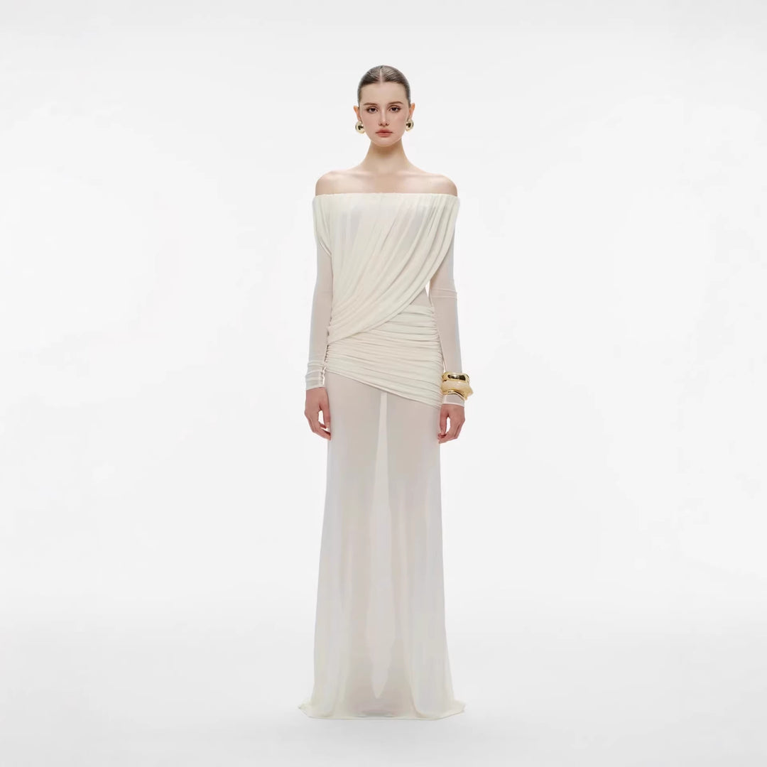 Damer Långärmad Maxiklänning med Draperingsdesign och Off-Shoulder U-ringning Mirla-Eva Jonsson