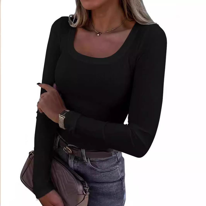 Damer Långärmad Ribb-T-shirt med elegant U-båt utskärning Mirla-Eva Jonsson