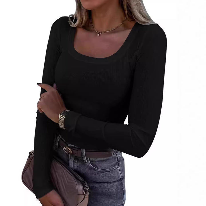 Damer Långärmad Ribb-T-shirt med elegant U-båt utskärning Mirla-Eva Jonsson
