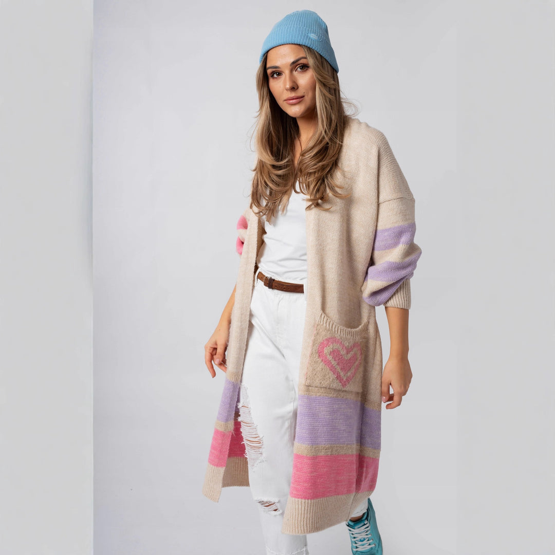 Damer Långärmad Stickad cardigan med hjärtformade fickor och modern färgblockering Mirla-Eva Jonsson
