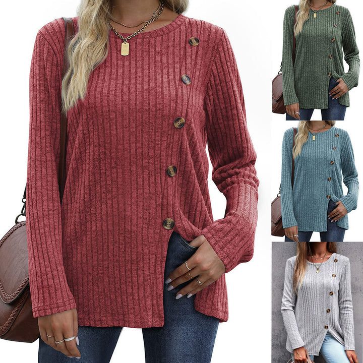Damer Långärmad stickad topp med strukturerade ribbor och knappdetaljer Eva Jonsson-Eva Jonsson
