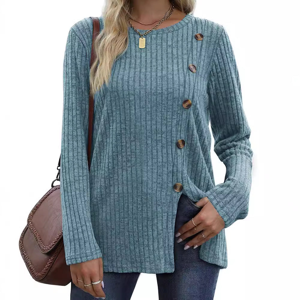 Damer Långärmad stickad topp med strukturerade ribbor och knappdetaljer Eva Jonsson-Eva Jonsson