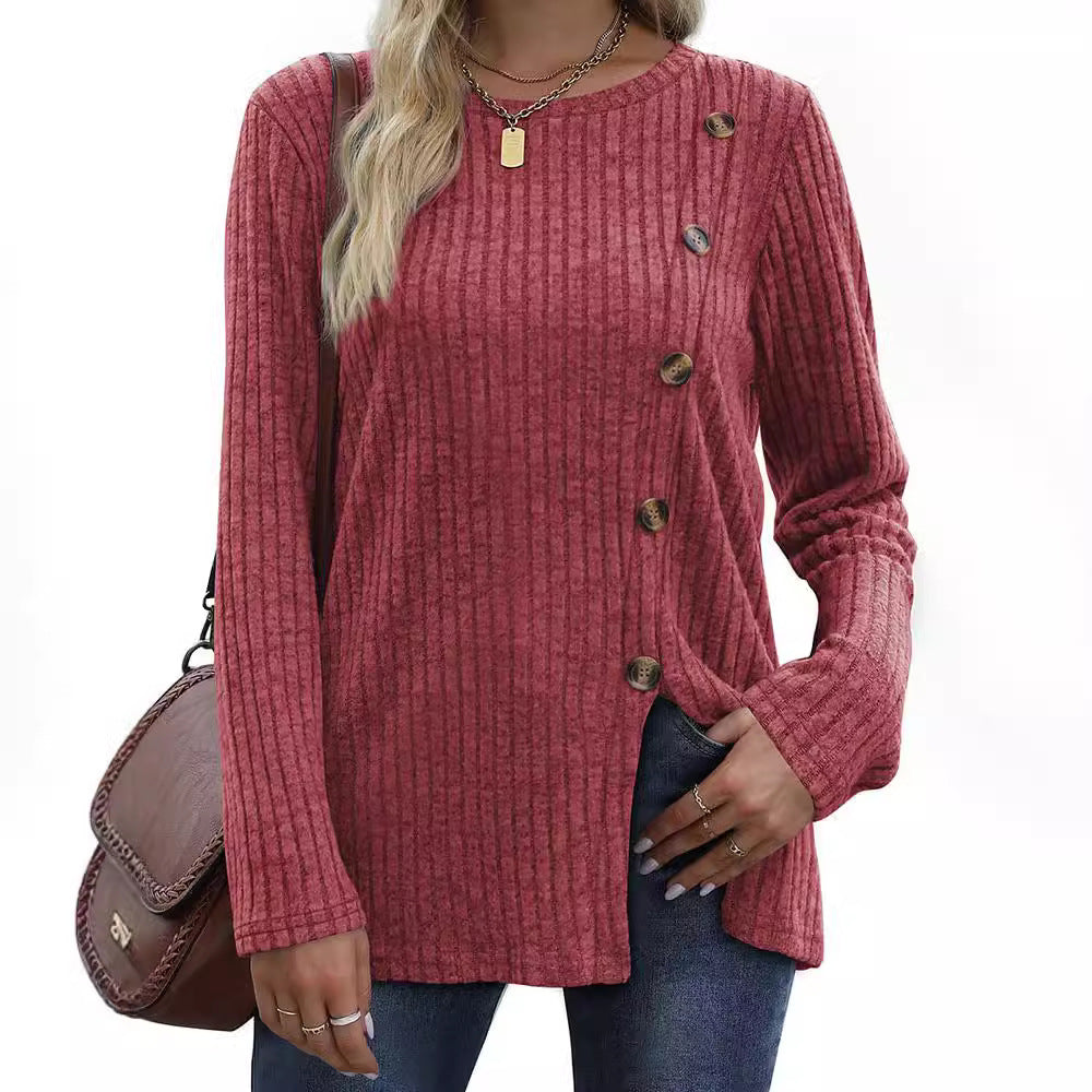 Damer Långärmad stickad topp med strukturerade ribbor och knappdetaljer Eva Jonsson-Eva Jonsson