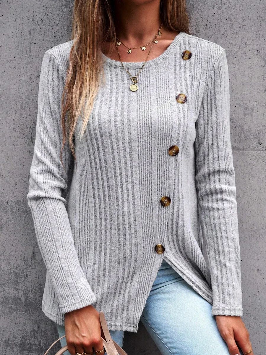 Damer Långärmad stickad topp med strukturerade ribbor och knappdetaljer Eva Jonsson-Eva Jonsson