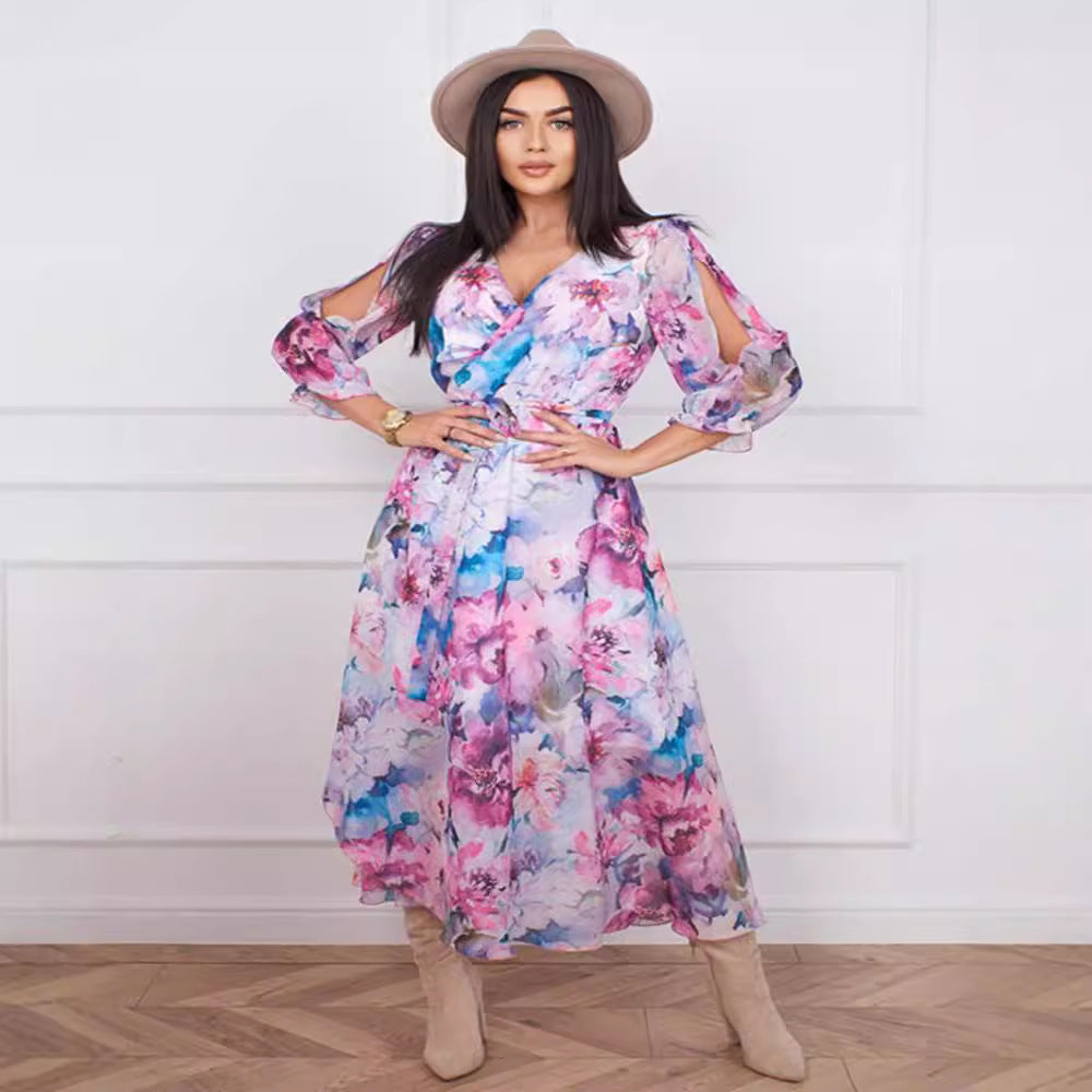 Damer Långt Maxi-Klänning med floral design och raffinerade ärmar Mirla-Eva Jonsson