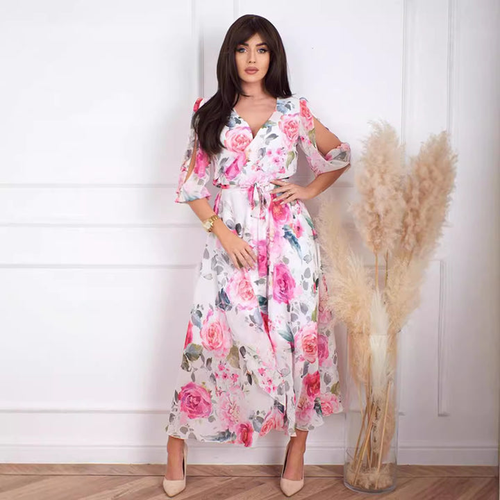 Damer Långt Maxi-Klänning med floral design och raffinerade ärmar Mirla-Eva Jonsson