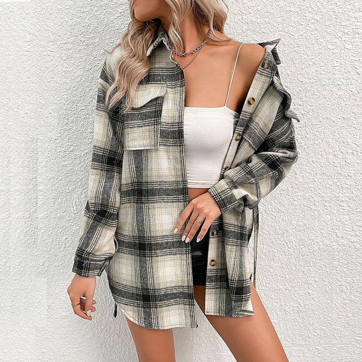 Damer Lässig Overshirt-Jacka I Rutig Design med Knäppbar Fram Mirla-Eva Jonsson