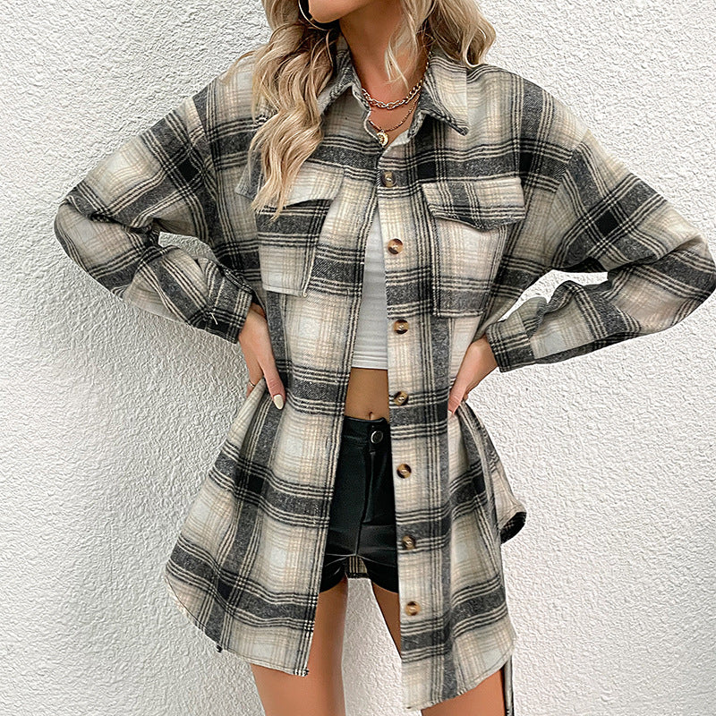 Damer Lässig Overshirt-Jacka I Rutig Design med Knäppbar Fram Mirla-Eva Jonsson