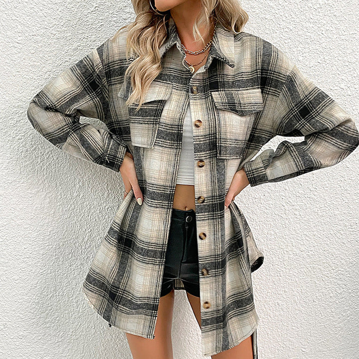Damer Lässig Overshirt-Jacka I Rutig Design med Knäppbar Fram Mirla-Eva Jonsson