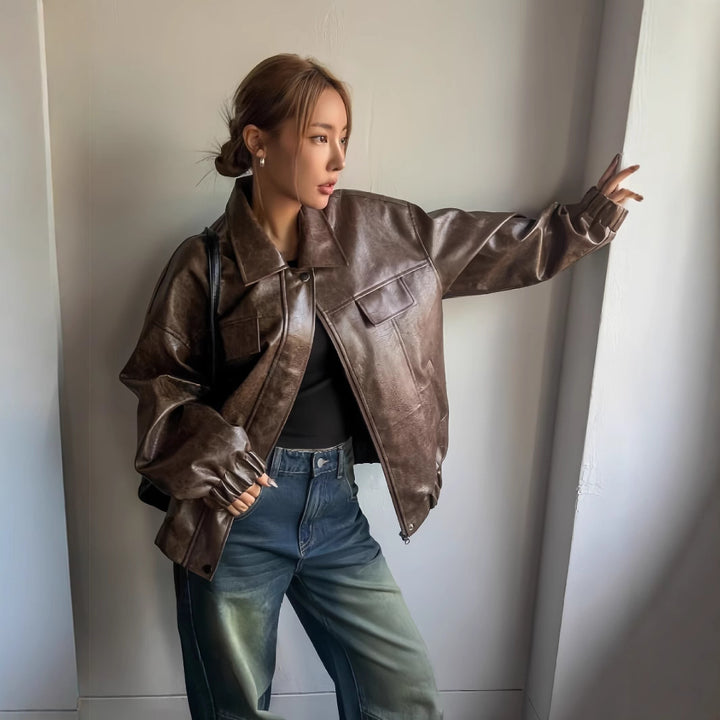 Damer Lässig oversized konstläderjacka med praktiska fickor Eva Jonsson-Eva Jonsson