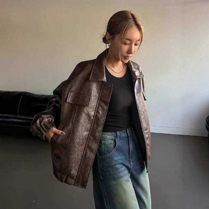 Damer Lässig oversized konstläderjacka med praktiska fickor Eva Jonsson-Eva Jonsson