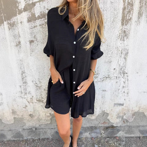 Damer Lätt Blus-Shorts-Set med Oversized Kappning och Luftig Textur Mirla-Eva Jonsson