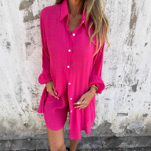 Damer Lätt Blus-Shorts-Set med Oversized Kappning och Luftig Textur Mirla-Eva Jonsson