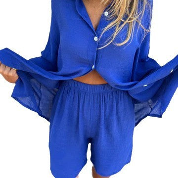 Damer Lätt Blus-Shorts-Set med Oversized Kappning och Luftig Textur Mirla-Eva Jonsson