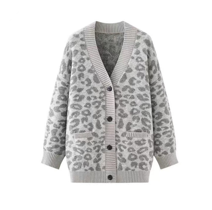 Damer Lätt Stickad Cardigan med Strukturerat Leopardmönster Eva Jonsson-Eva Jonsson