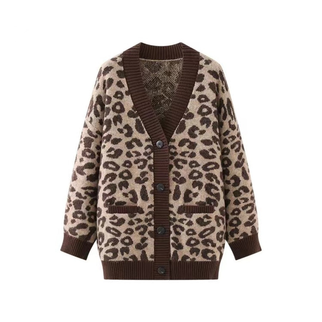 Damer Lätt Stickad Cardigan med Strukturerat Leopardmönster Eva Jonsson-Eva Jonsson