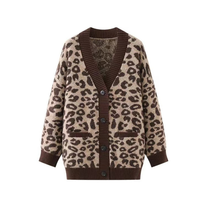 Damer Lätt Stickad Cardigan med Strukturerat Leopardmönster Eva Jonsson-Eva Jonsson