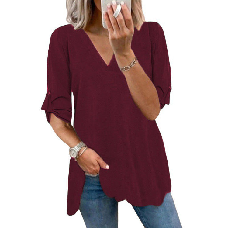 Damer Lätt V-hals T-shirt med volangdetalj Mirla-Eva Jonsson
