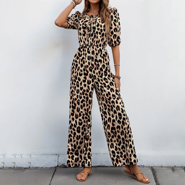 Damer Lätt jumpsuit med leopardmönster och axelbara puffärmar Mirla-Eva Jonsson