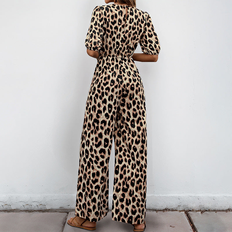 Damer Lätt jumpsuit med leopardmönster och axelbara puffärmar Mirla-Eva Jonsson