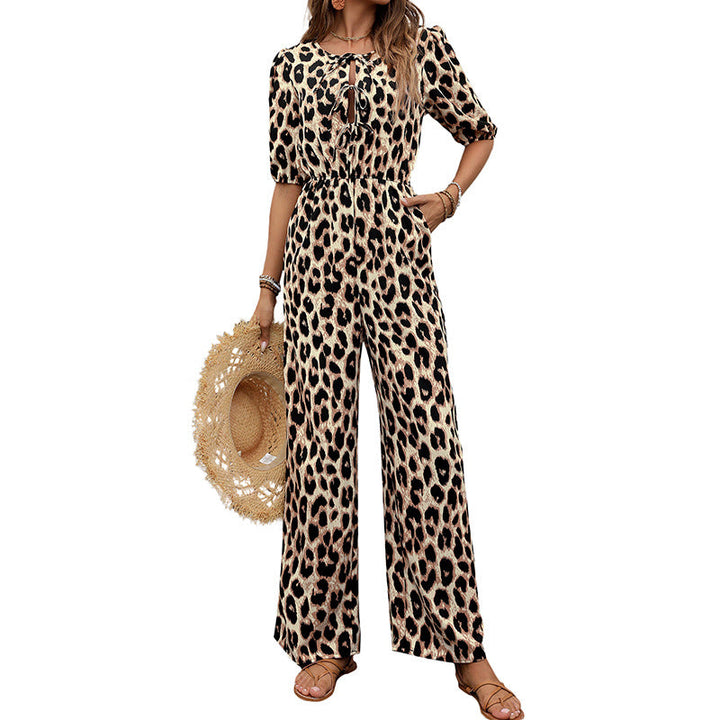 Damer Lätt jumpsuit med leopardmönster och axelbara puffärmar Mirla-Eva Jonsson
