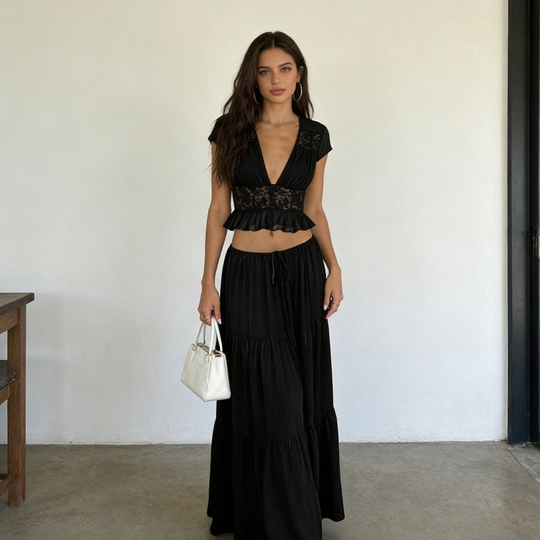Damer Lätt maxi-klänning med elegant rynkning och cropped topp Mirla-Eva Jonsson