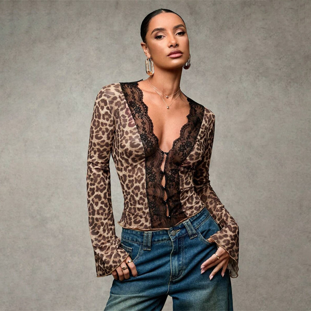 Damer Lätt transparent spetsöverdel med leopardmönster Eva Jonsson-Eva Jonsson