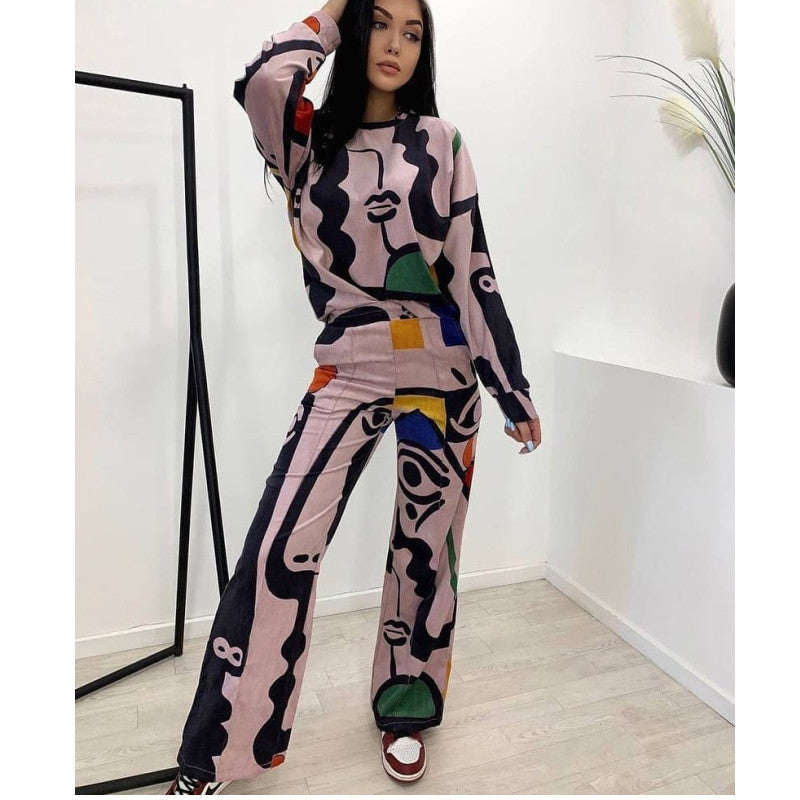 Damer Lättsamt T-shirt- och byx-set med färggomt grafiskt mönster Eva Jonsson-Eva Jonsson