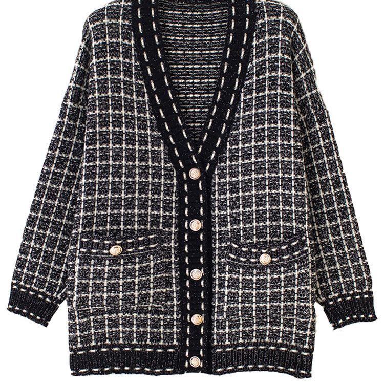 Damer Lättstickad cardigan i modern rutmönster med oversized passform Eva Jonsson-Eva Jonsson