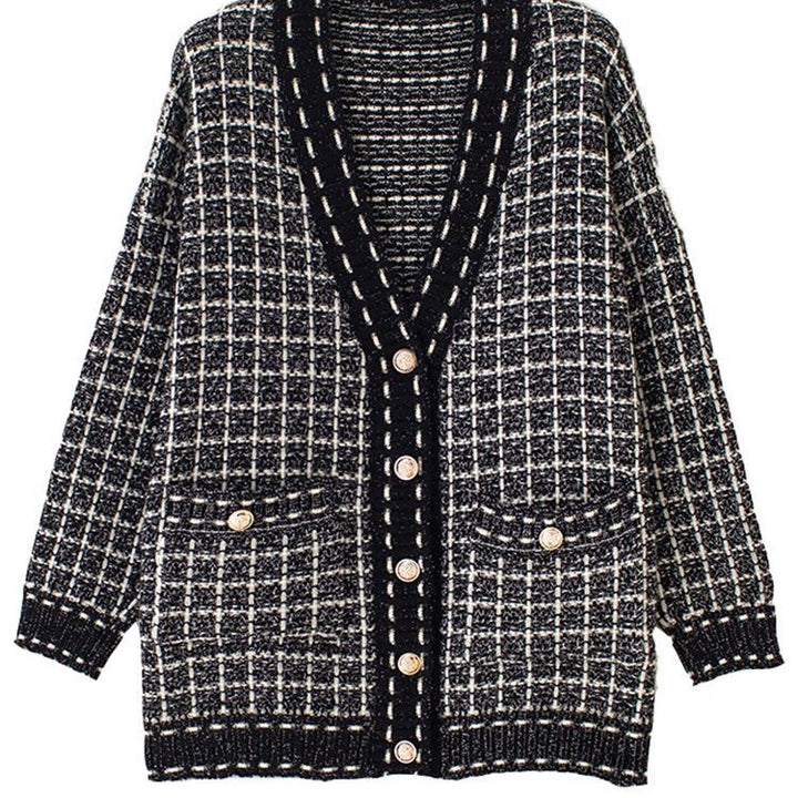 Damer Lättstickad cardigan i modern rutmönster med oversized passform Eva Jonsson-Eva Jonsson