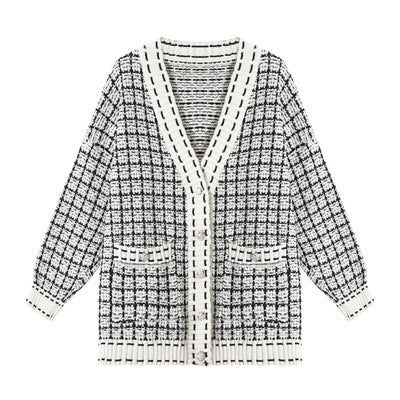 Damer Lättstickad cardigan i modern rutmönster med oversized passform Eva Jonsson-Eva Jonsson