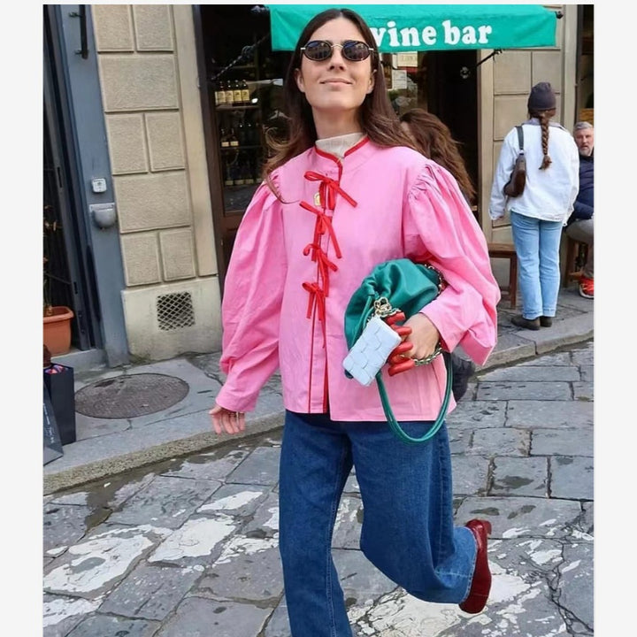 Damer Leken blus med volangdetaljer och dragsko Eva Jonsson-Eva Jonsson