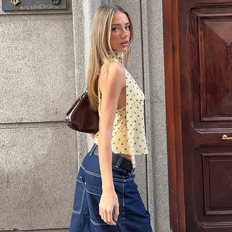 Damer Lekfullt Prickigt Top med Halter-design och snyggt Bindningsdetalj Mirla-Eva Jonsson