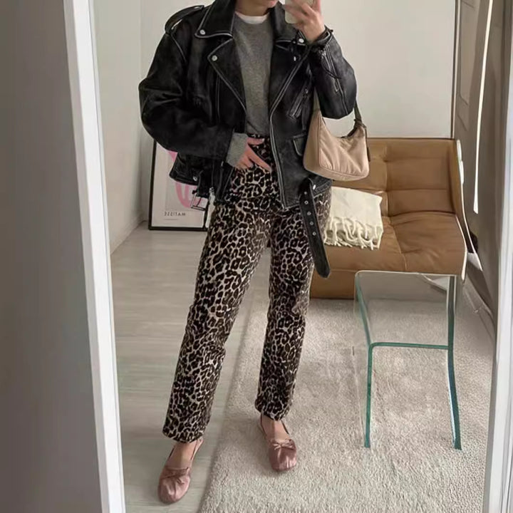 Damer Leo-print jeans med hög midja och rak passform Mirla-Eva Jonsson