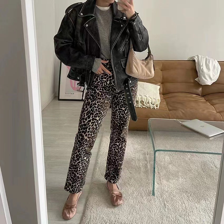 Damer Leo-print jeans med hög midja och rak passform Mirla-Eva Jonsson