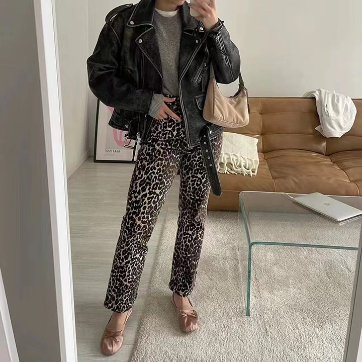 Damer Leo-print jeans med hög midja och rak passform Mirla-Eva Jonsson