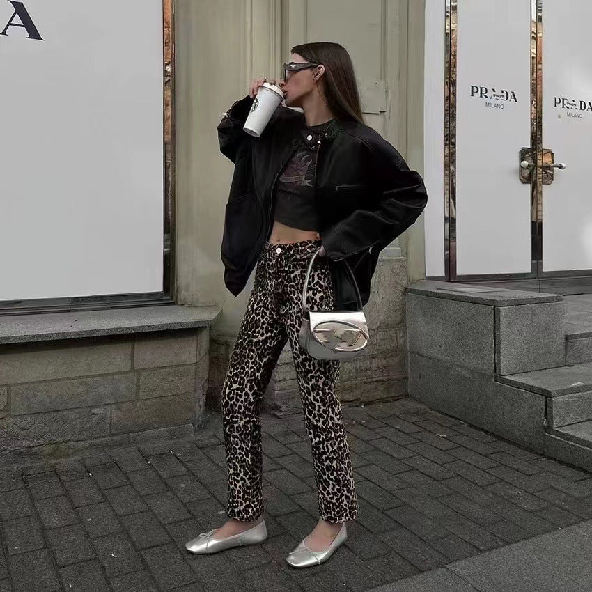 Damer Leo-print jeans med hög midja och rak passform Mirla-Eva Jonsson