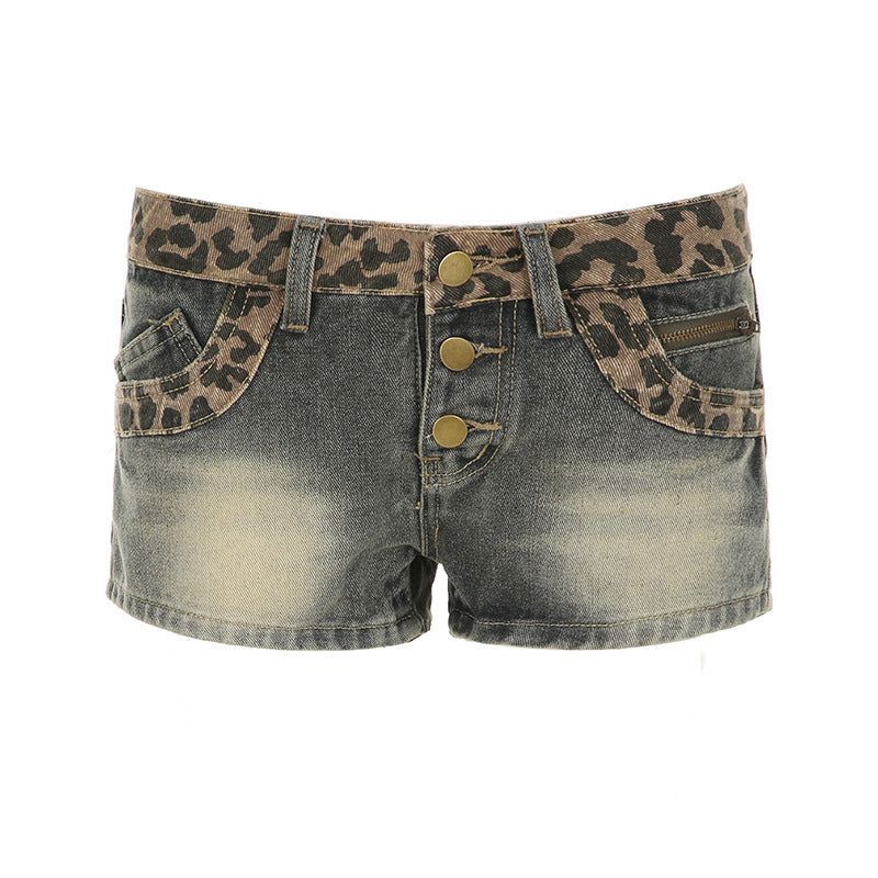 Damer Leopardmönstrade Denimshorts med knappdetaljer och elastisk midja Mirla-Eva Jonsson