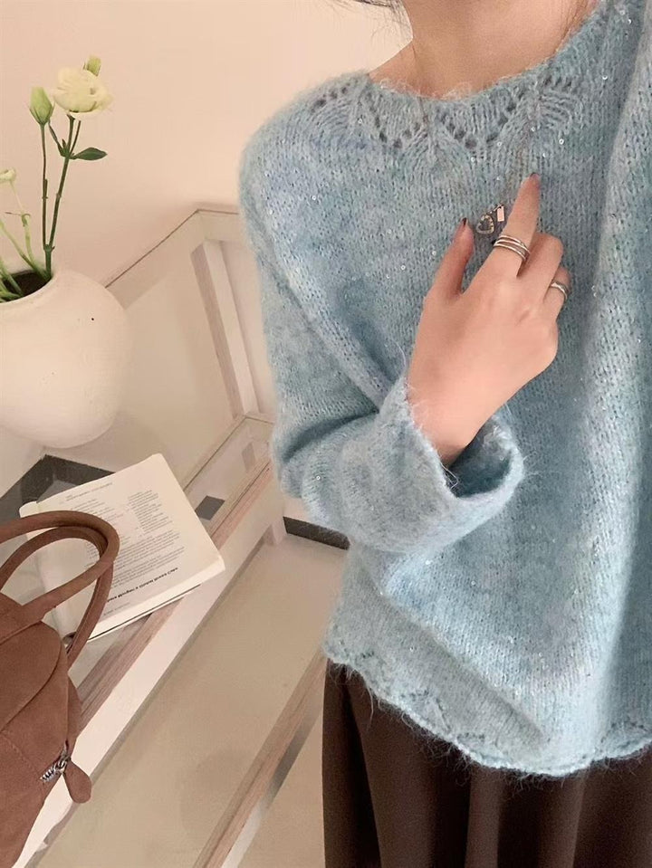 Damer Luddig Stickad Tröja med Glänsande Accenter och Löst Snitt Mirla-Eva Jonsson