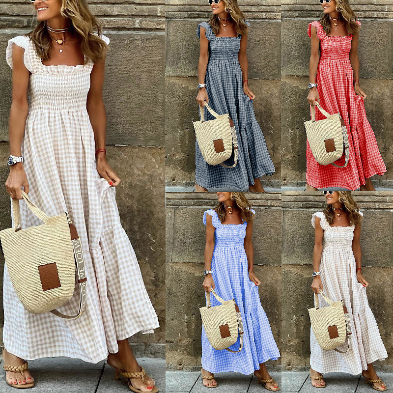 Damer Luftigt Maxiklänning med Vichy-rutig och Off-Shoulder Volanger Mirla-Eva Jonsson