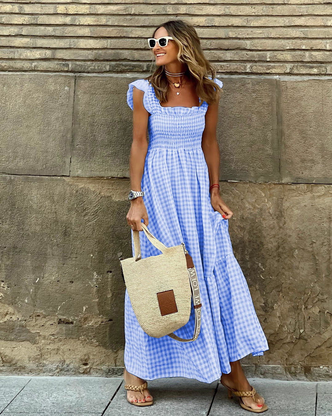 Damer Luftigt Maxiklänning med Vichy-rutig och Off-Shoulder Volanger Mirla-Eva Jonsson