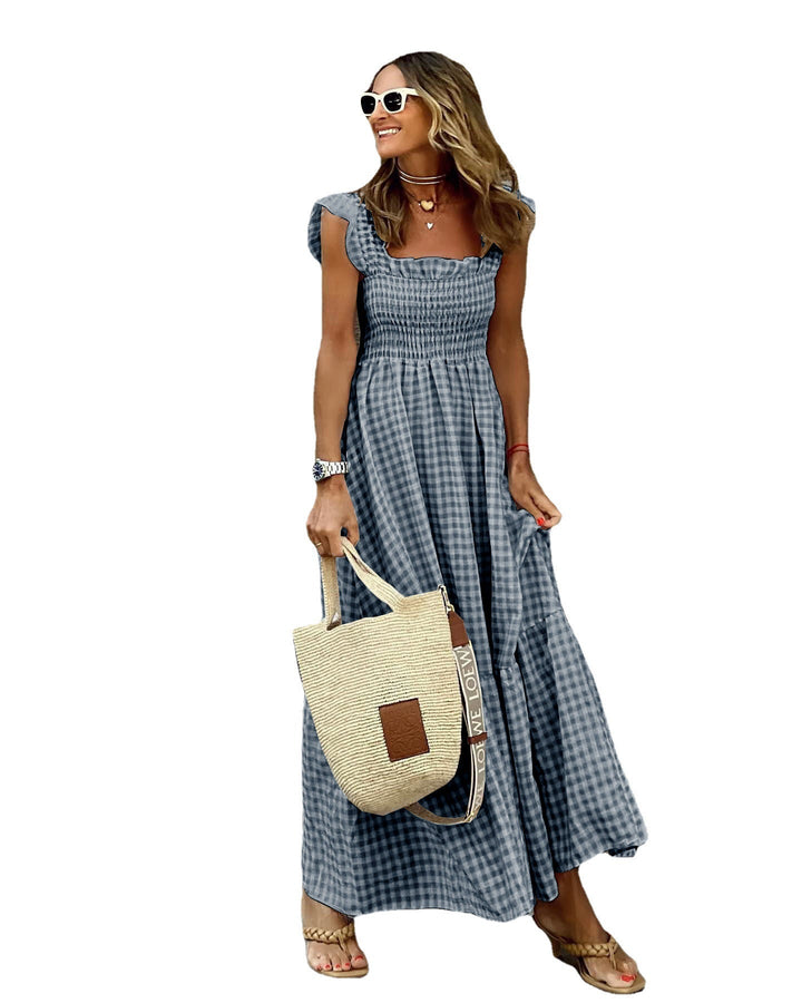 Damer Luftigt Maxiklänning med Vichy-rutig och Off-Shoulder Volanger Mirla-Eva Jonsson